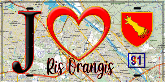 Plaque métal décorative  J' ❤️Ris-Orangis, Essonne (91) fond carte