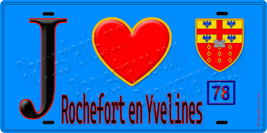 Plaque métal décorative  J' ❤️ Rochefort-en-Yvelines, Yvelines (78) fond bleu