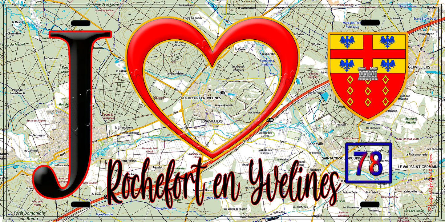 Plaque métal décorative  J' ❤️ Rochefort-en-Yvelines, Yvelines (78) fond carte