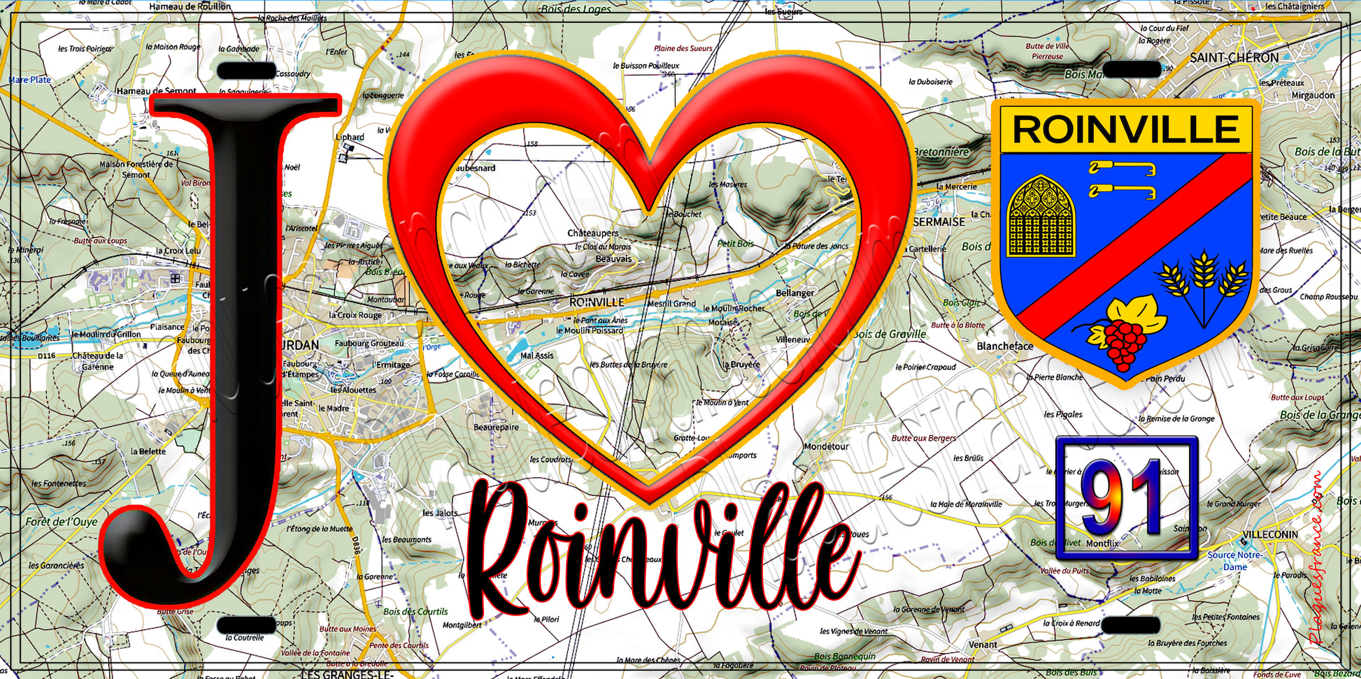 Plaque métal décorative  J' ❤️Roinville, Essonne (91) fond carte
