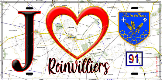 Plaque métal décorative  J' ❤️Roinvilliers, Essonne (91) fond carte