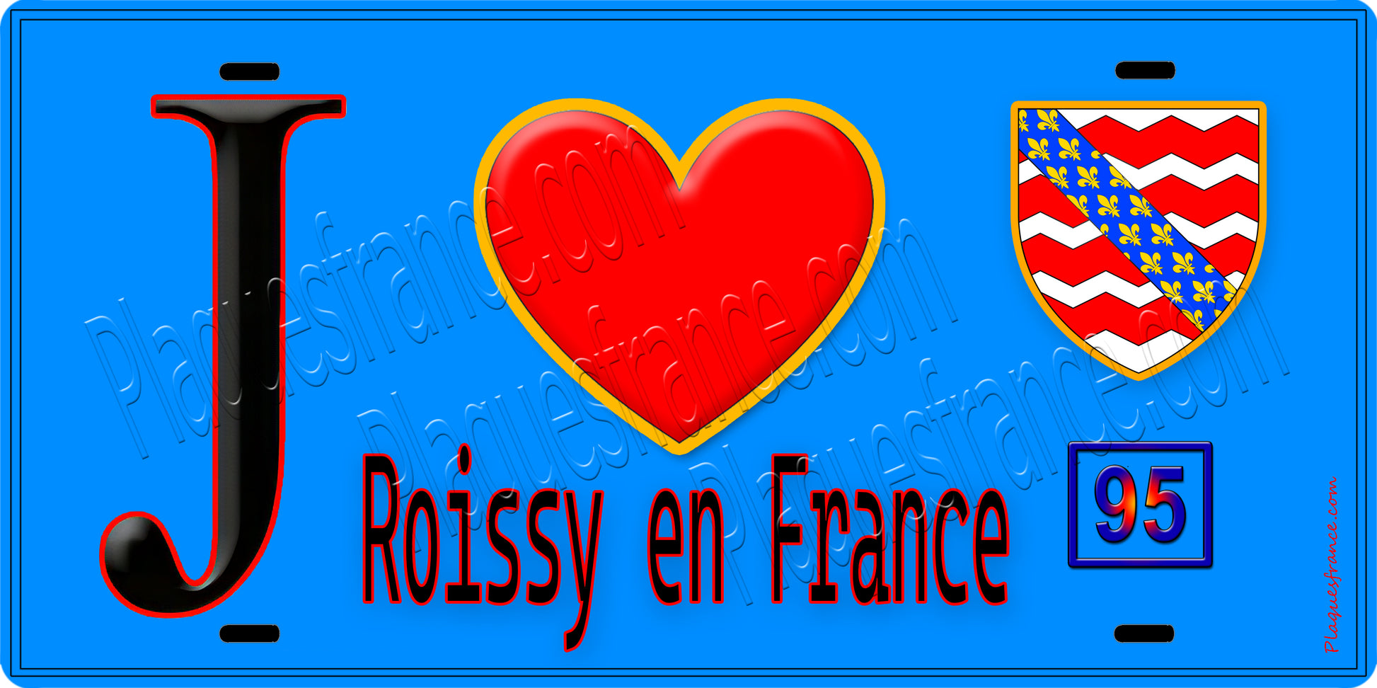 Plaque métal décorative  J' ❤️Roissy-en-France, Val d'Oise (95) fond bleu