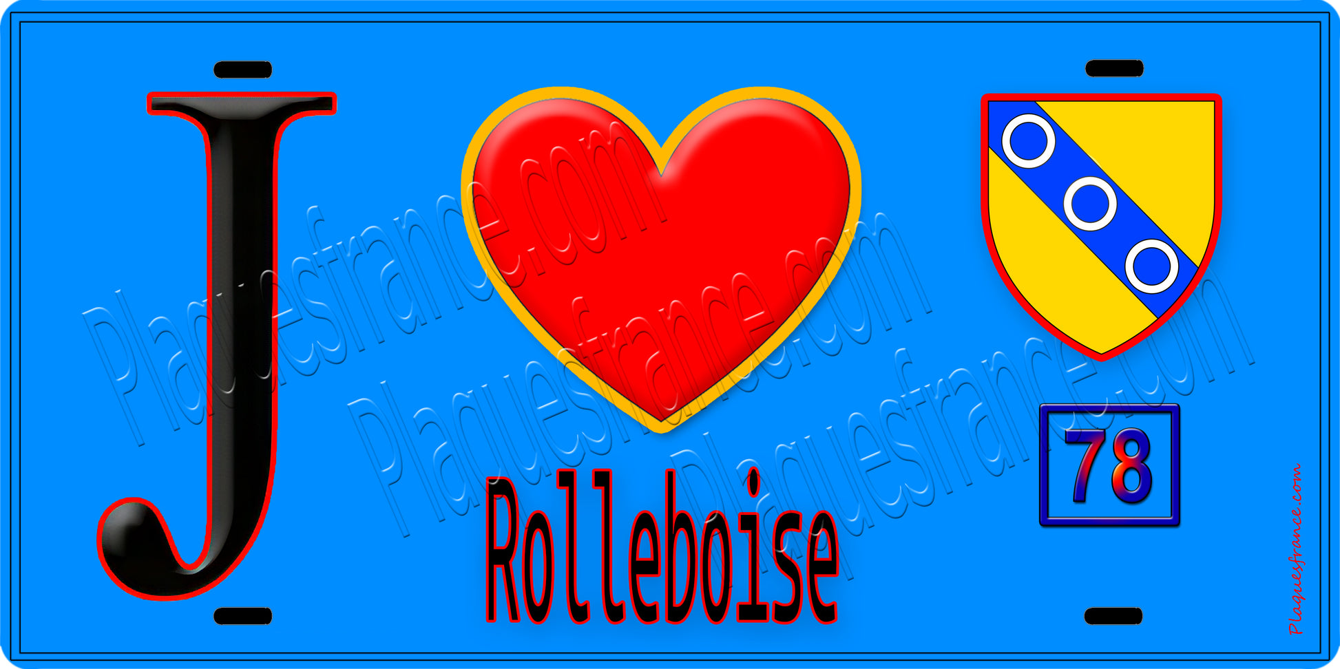 Plaque métal décorative  J' ❤️ Rolleboise, Yvelines (78) fond bleu