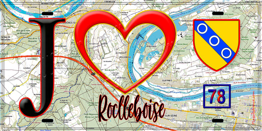 Plaque métal décorative  J' ❤️ Rolleboise, Yvelines (78) fond carte