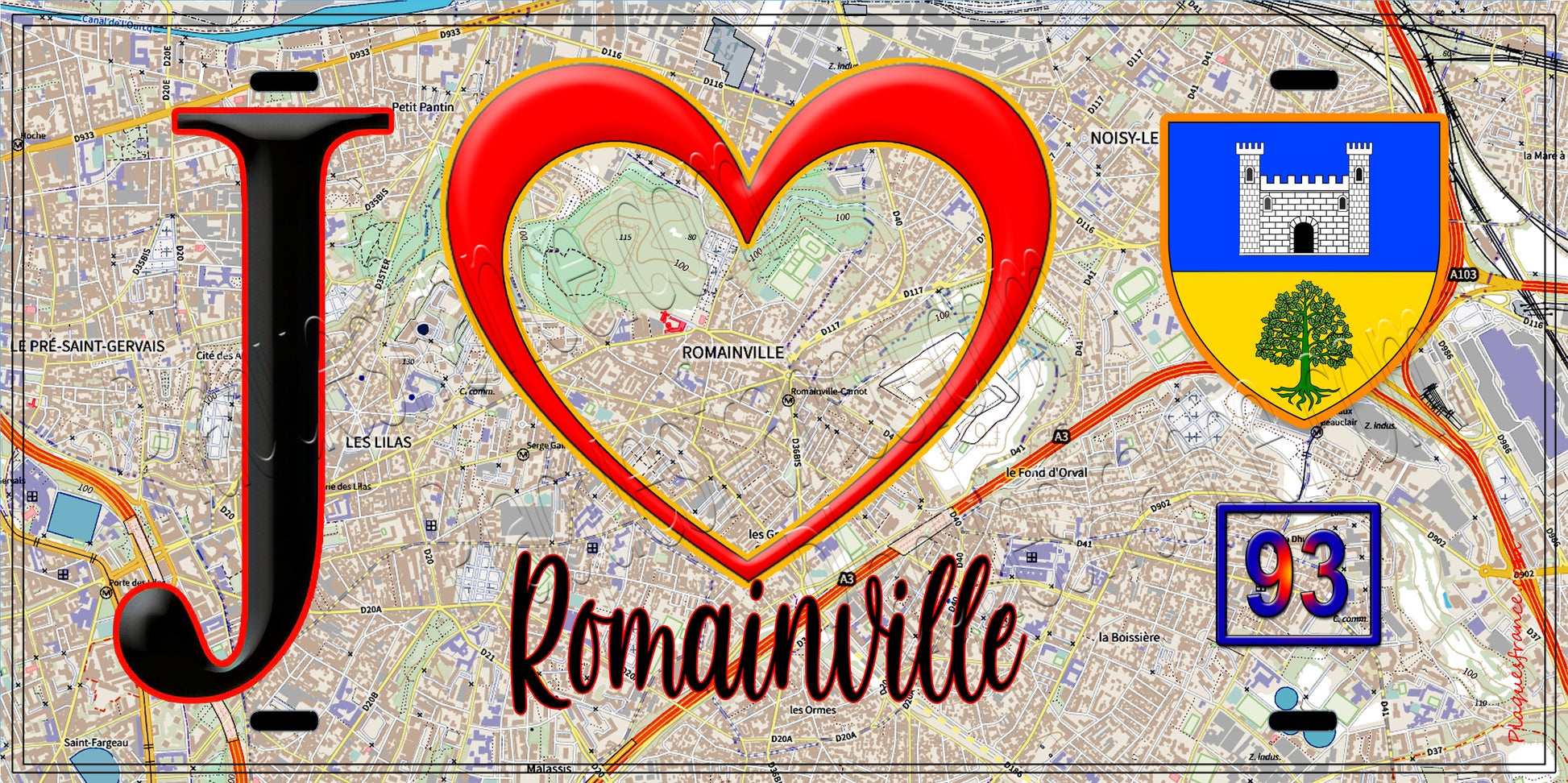 Plaque métal décorative  J' ❤️Romainville, Seine Saint Denis (93) fond carte
