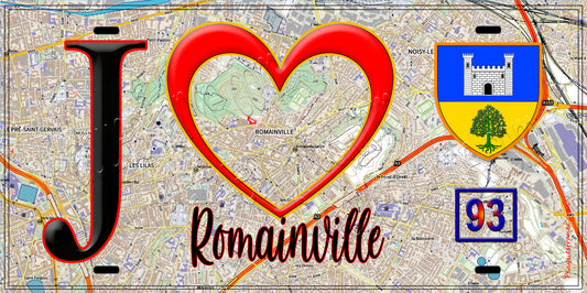 Plaque métal décorative  J' ❤️Romainville, Seine Saint Denis (93) fond carte