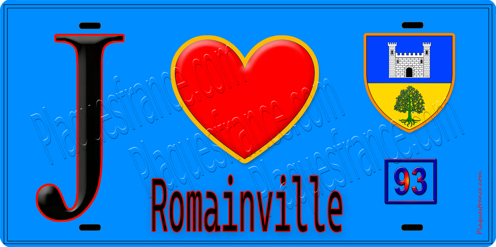 Plaque métal décorative  J' ❤️Romainville, Seine Saint Denis (93) fond bleu
