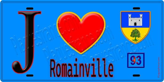 Plaque métal décorative  J' ❤️Romainville, Seine Saint Denis (93) fond bleu