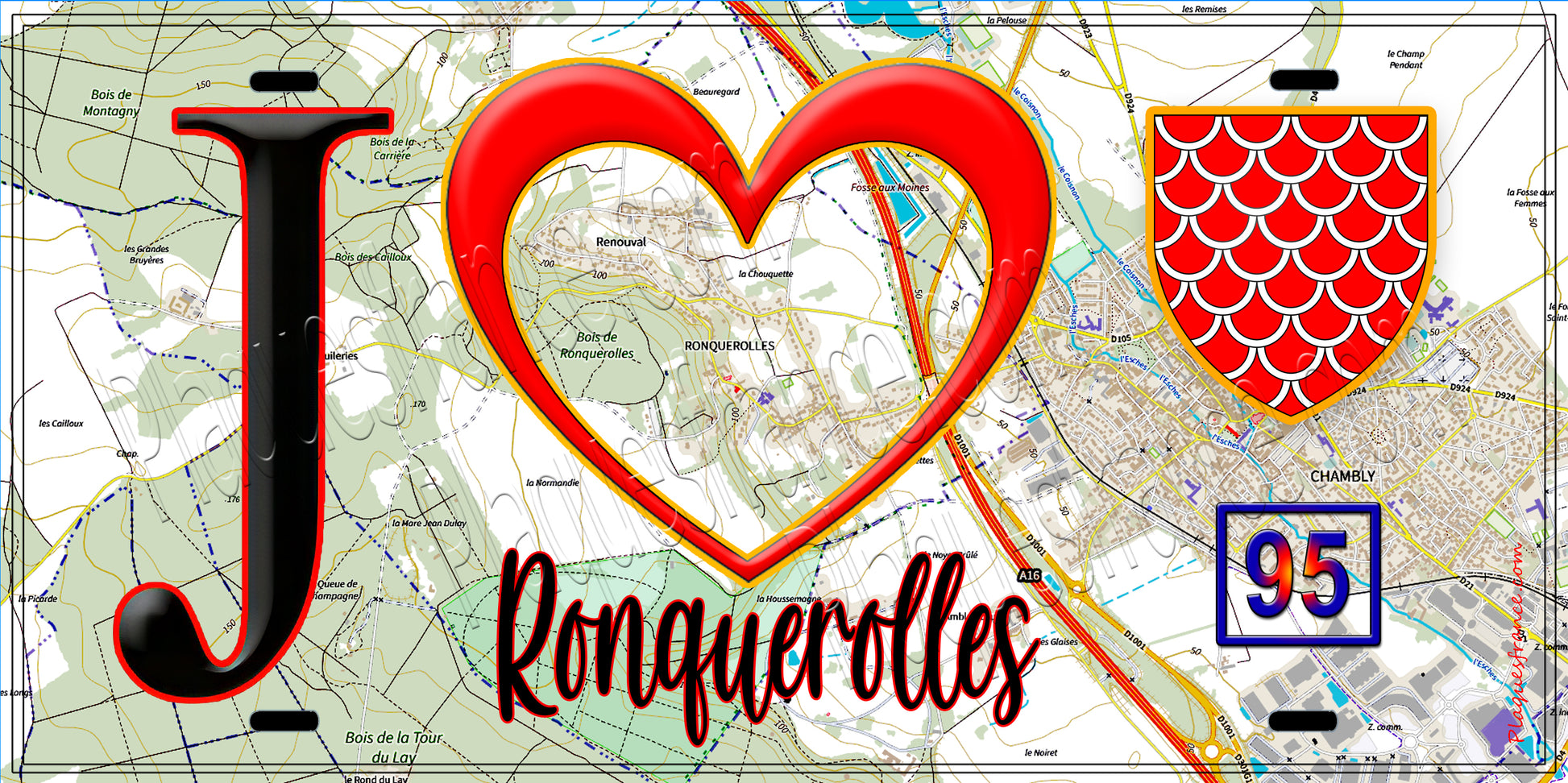 Plaque métal décorative  J' ❤️Ronquerolles, Val d'Oise (95) fond carte