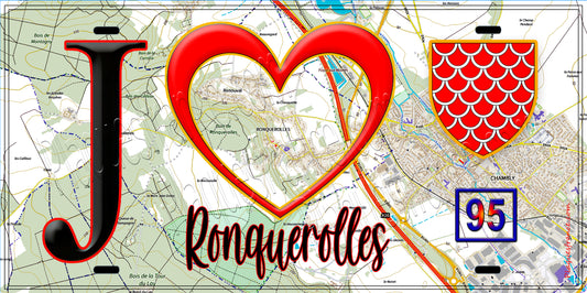 Plaque métal décorative  J' ❤️Ronquerolles, Val d'Oise (95) fond carte