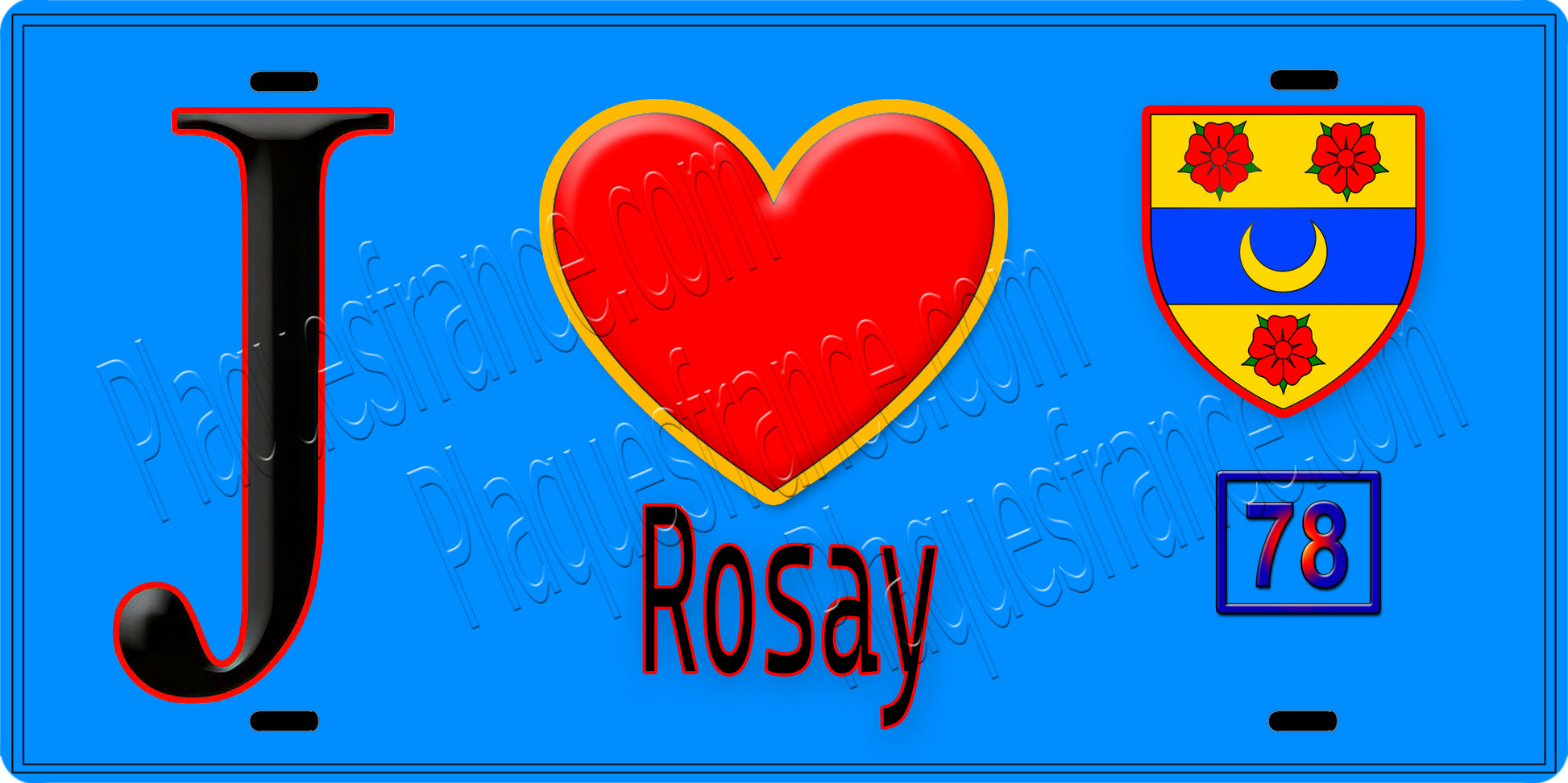 Plaque métal décorative  J' ❤️ Rosay, Yvelines (78) fond bleu