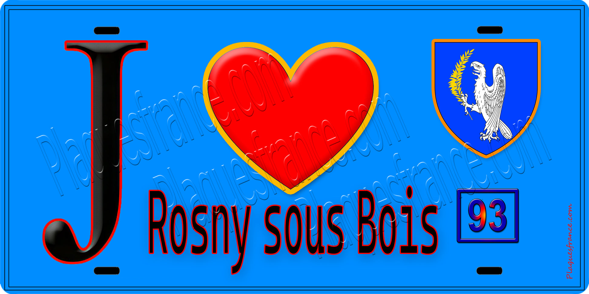 Plaque métal décorative  J' ❤️Rosny-sous-Bois, Seine Saint Denis (93) fond bleu