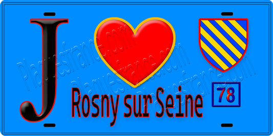 Plaque métal décorative  J' ❤️ Rosny-sur-Seine, Yvelines (78) fond bleu