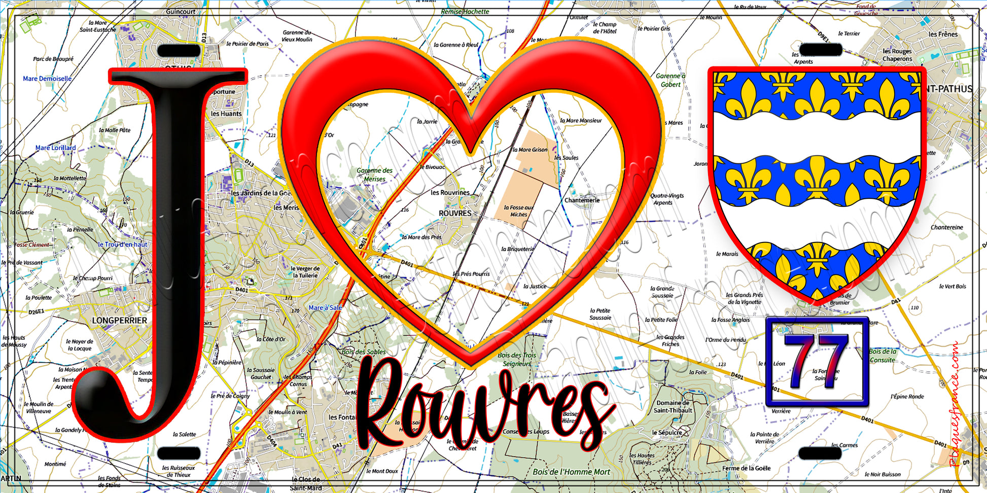 Plaque métal décorative  J' ❤️Rouvres, Seine et Marne (77) fond carte