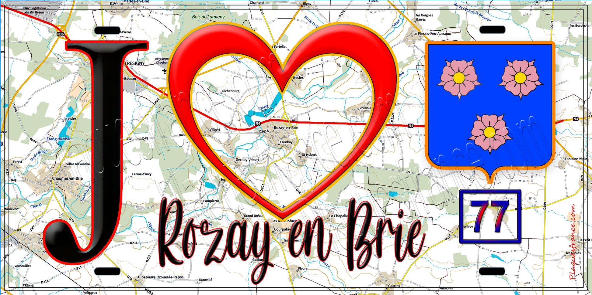 Plaque métal décorative  J' ❤️Rozay-en-Brie, Seine et Marne (77) fond carte