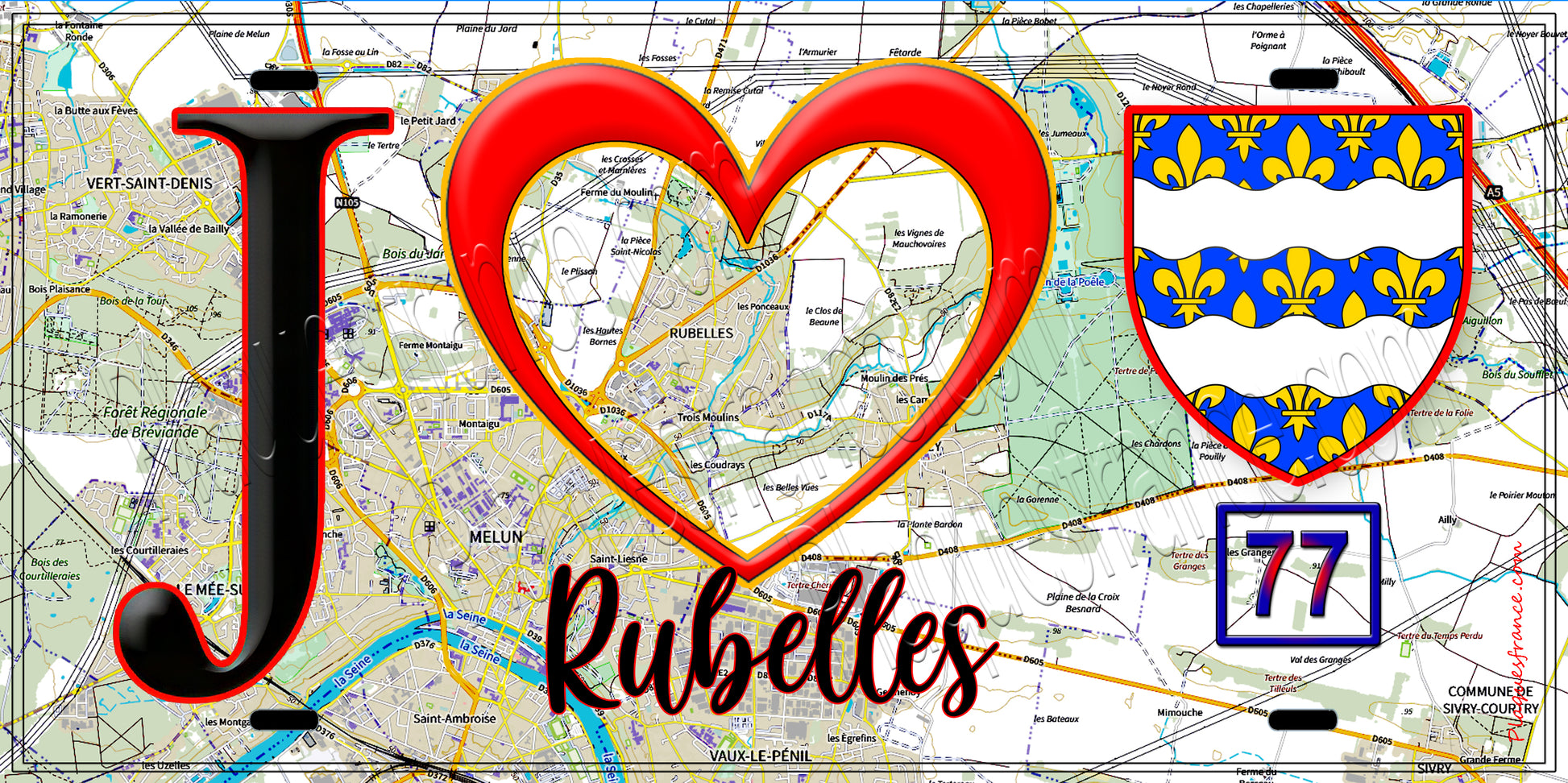 Plaque métal décorative  J' ❤️Rubelles, Seine et Marne (77) fond cartes