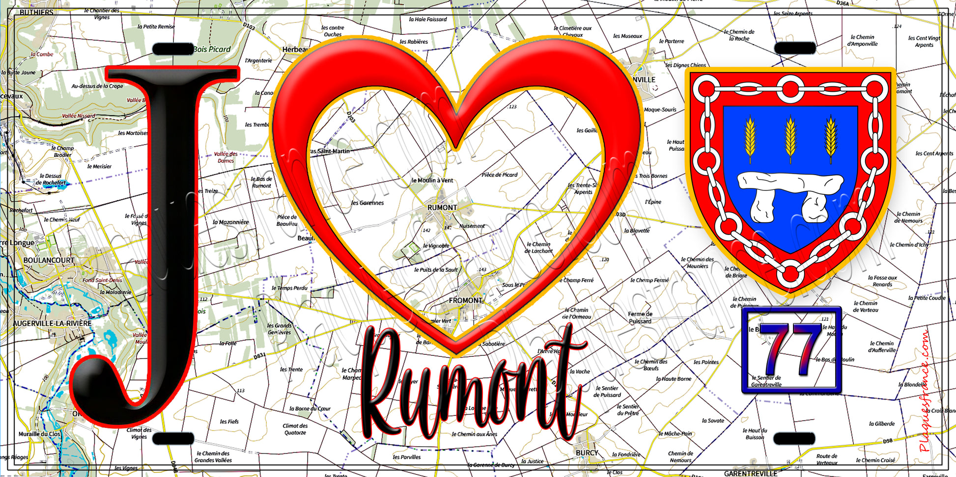 Plaque métal décorative  J' ❤️Rumont, Seine et Marne (77) fond carte
