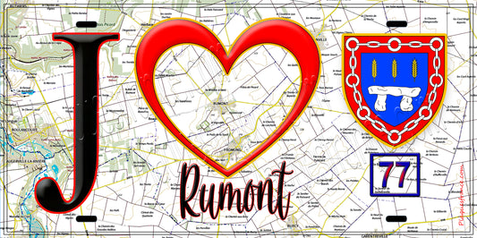 Plaque métal décorative  J' ❤️Rumont, Seine et Marne (77) fond carte