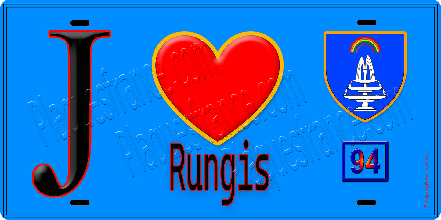 Plaque métal décorative  J' ❤️Rungis, Val de Marne (94) fond bleu