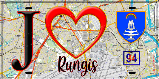 Plaque métal décorative  J' ❤️Rungis, Val de Marne (94) fond carte