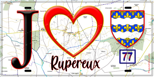 Plaque métal décorative  J' ❤️Rupéreux, Seine et Marne (77) fond carte