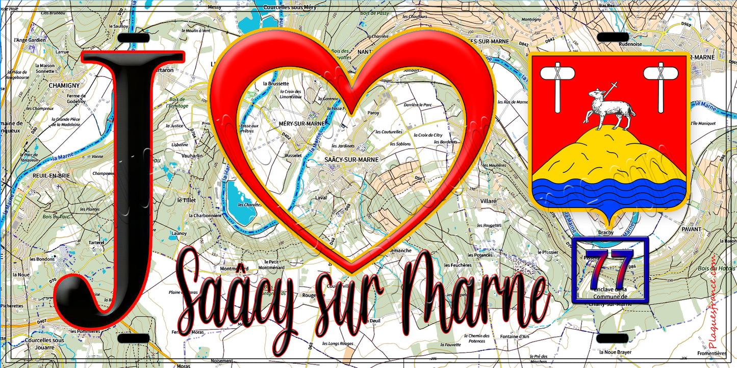 Plaque métal décorative  J' ❤️Saâcy-sur-Marne, Seine et Marne (77) fond carte