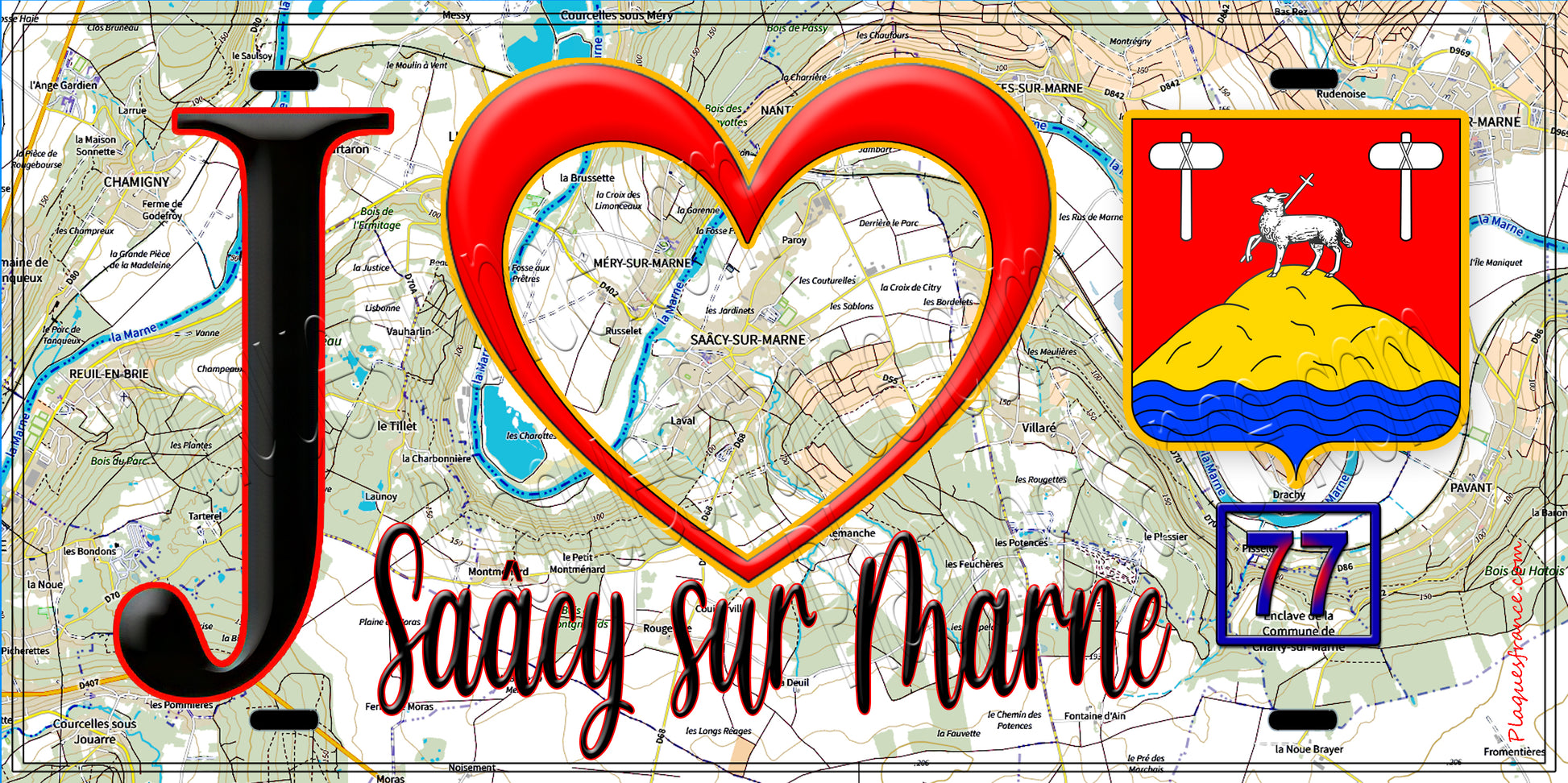 Plaque métal décorative  J' ❤️Saâcy-sur-Marne, Seine et Marne (77) fond carte