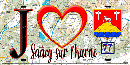 Plaque métal décorative  J' ❤️Saâcy-sur-Marne, Seine et Marne (77) fond carte