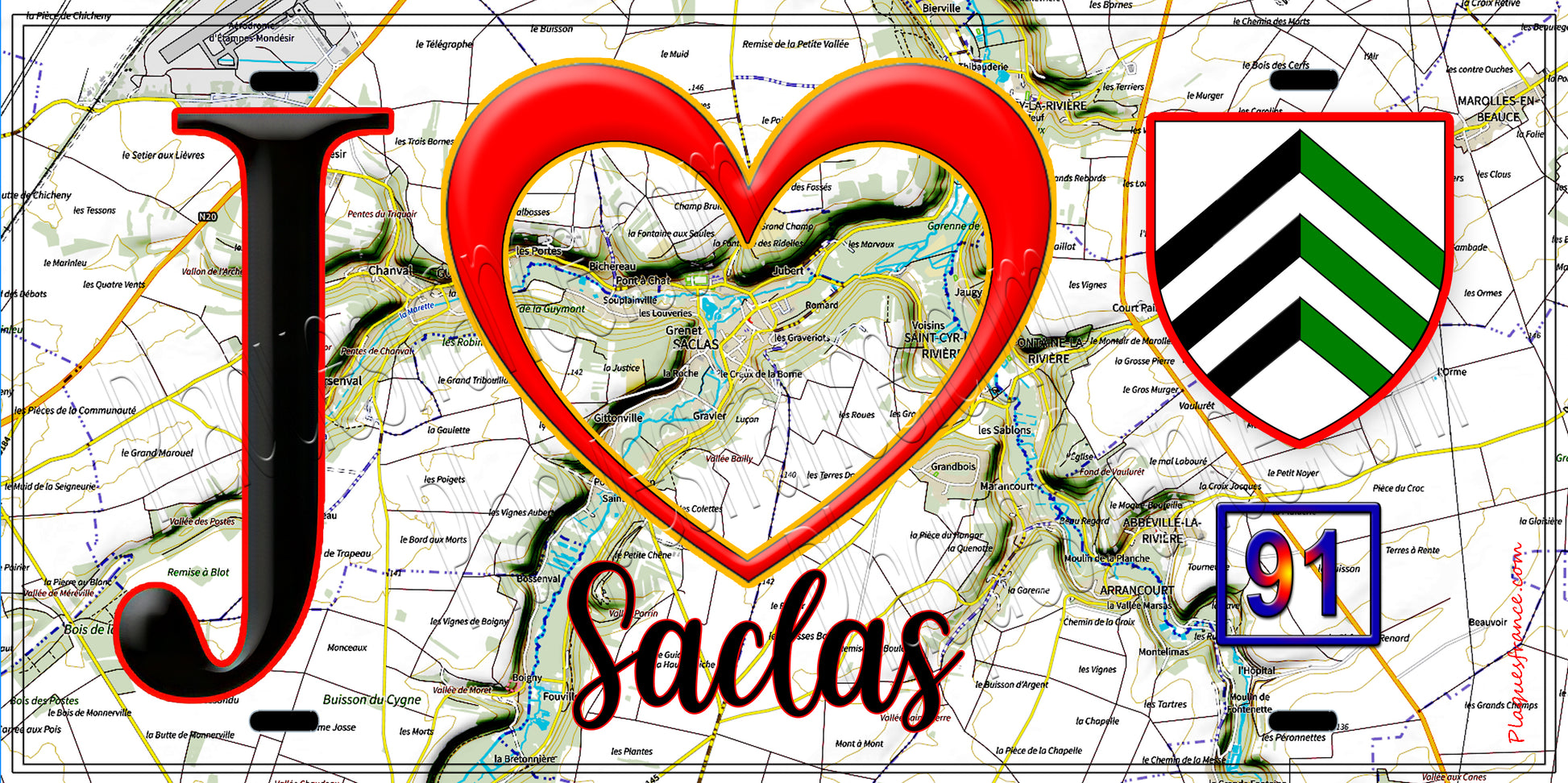 Plaque métal décorative  J' ❤️Saclas, Essonne (91) fond carte