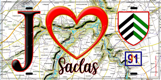 Plaque métal décorative  J' ❤️Saclas, Essonne (91) fond carte