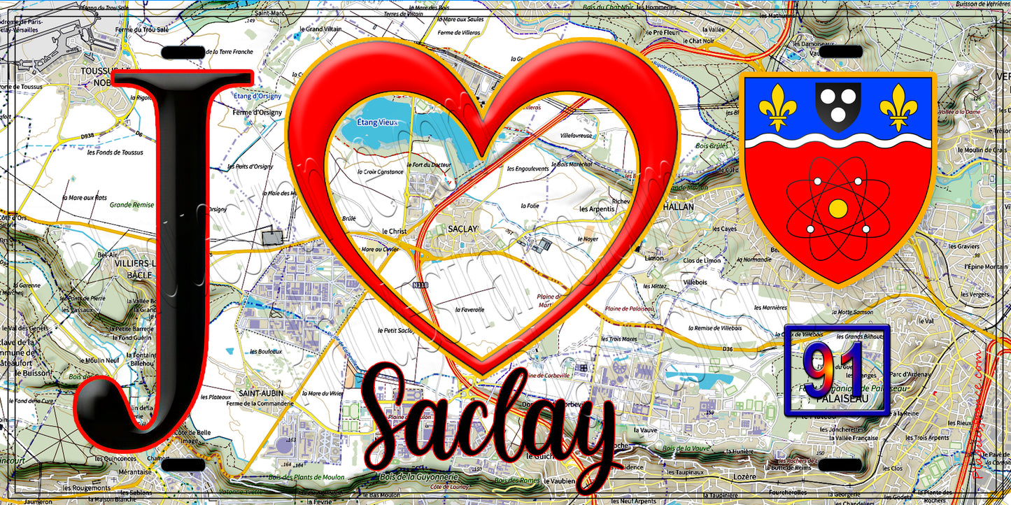 Plaque métal décorative  J' ❤️Saclay, Essonne (91) fond carte