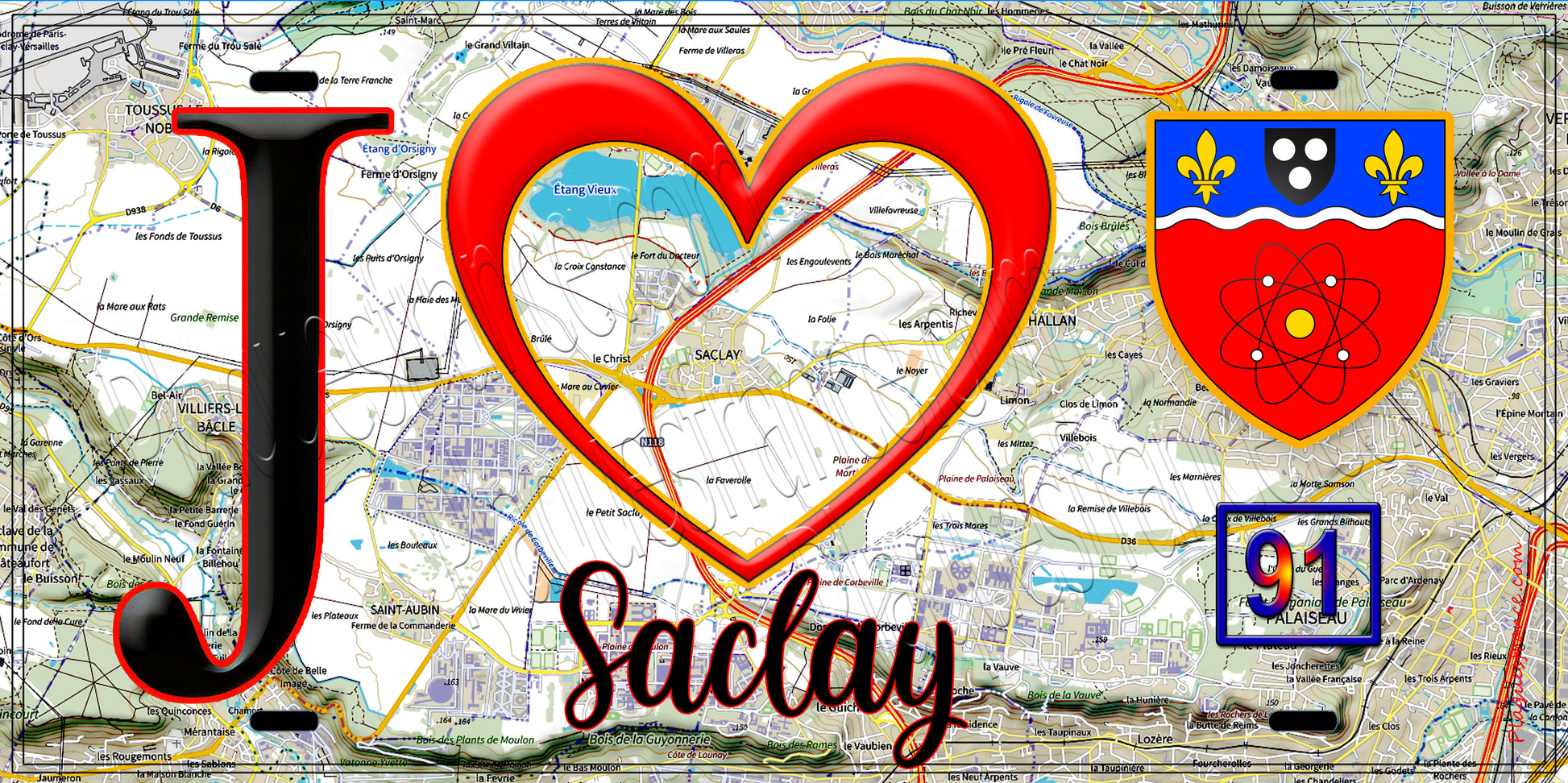 Plaque métal décorative  J' ❤️Saclay, Essonne (91) fond carte