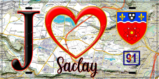 Plaque métal décorative  J' ❤️Saclay, Essonne (91) fond carte