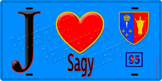 Plaque métal décorative  J' ❤️Sagy, Val d'Oise (95) fond bleu