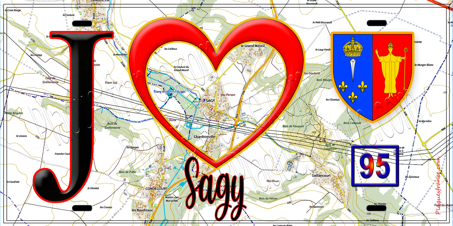 Plaque métal décorative  J' ❤️Sagy, Val d'Oise (95) fond carte