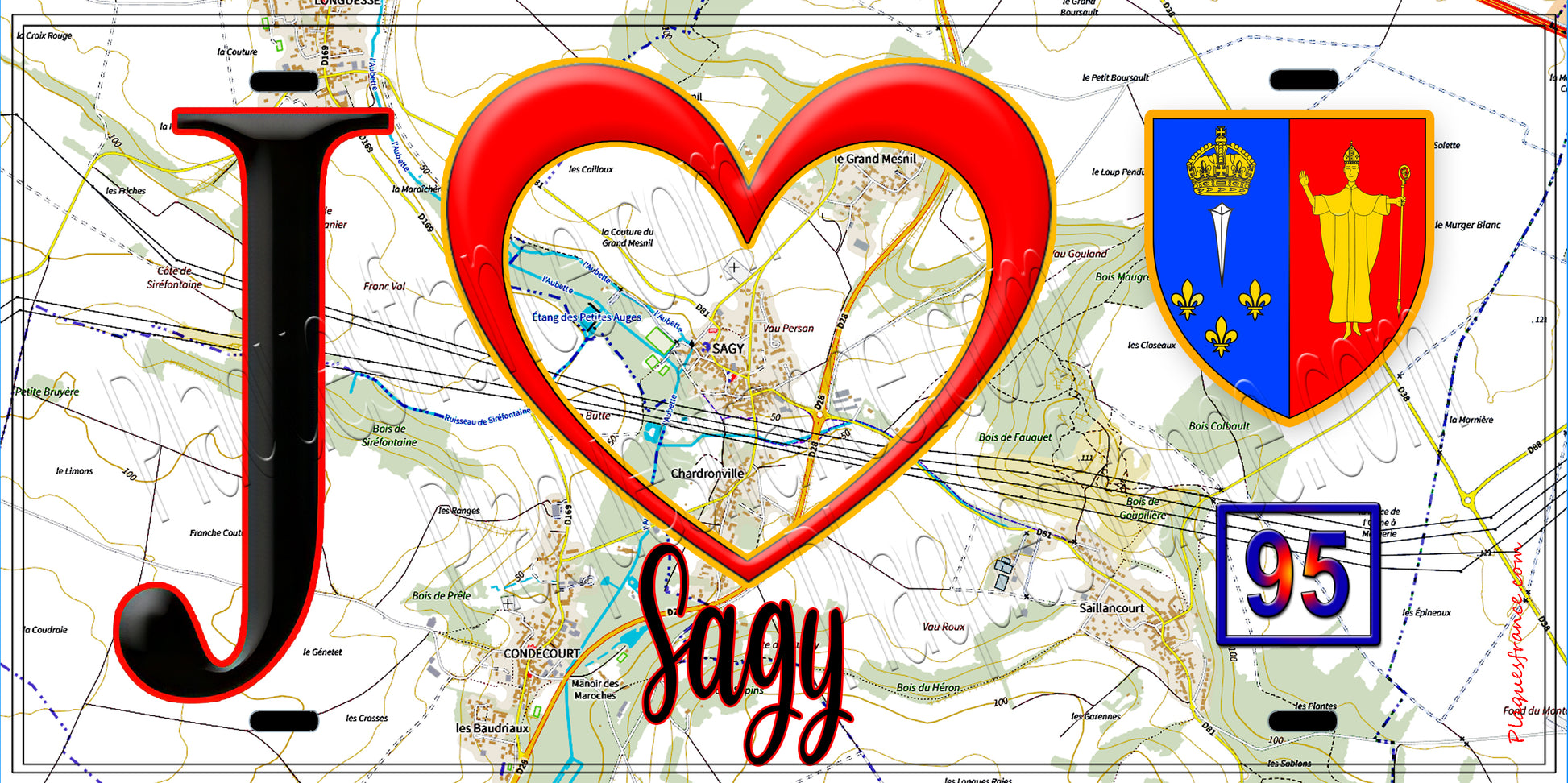 Plaque métal décorative  J' ❤️Sagy, Val d'Oise (95) fond carte