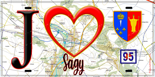 Plaque métal décorative  J' ❤️Sagy, Val d'Oise (95) fond carte