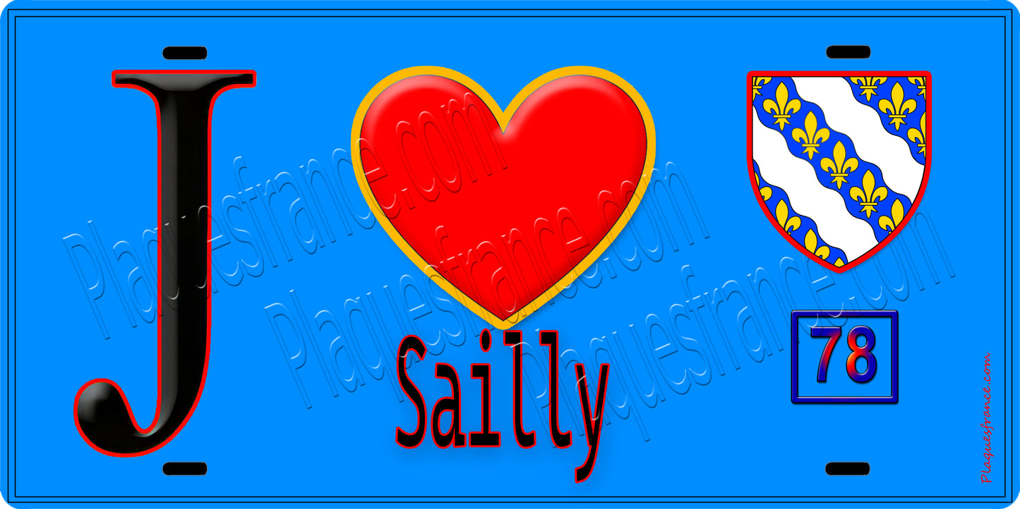 Plaque métal décorative  J' ❤️ Sailly, Yvelines (78) fond bleu