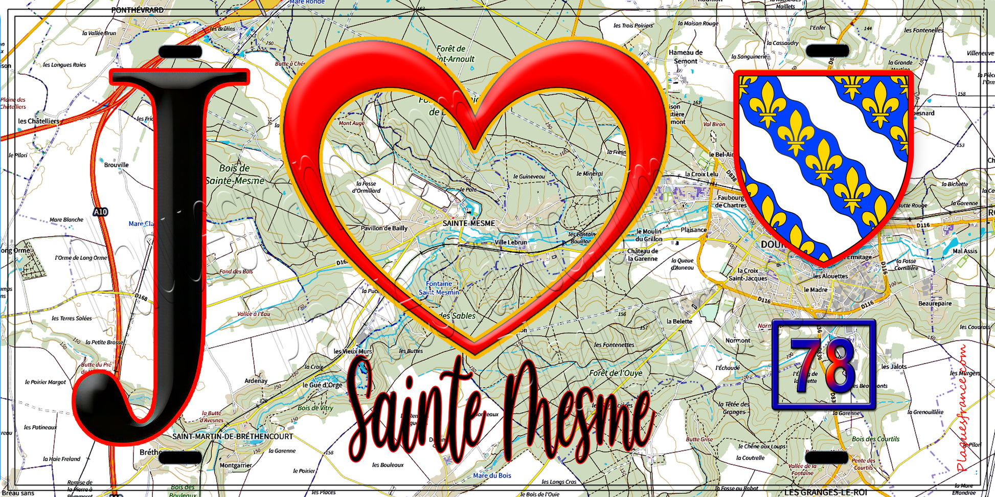 Plaque métal décorative  J' ❤️ Sainte-Mesme, Yvelines (78) fond carte