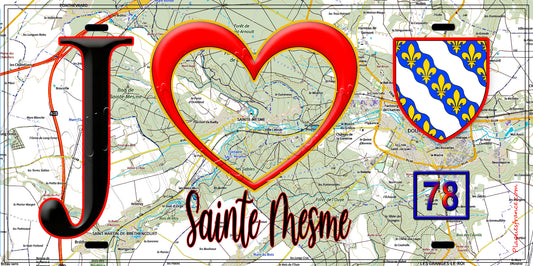 Plaque métal décorative  J' ❤️ Sainte-Mesme, Yvelines (78) fond carte
