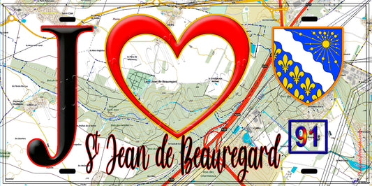 Plaque métal décorative  J' ❤️Saint-Jean-de-Beauregard, Essonne (91) fond carte