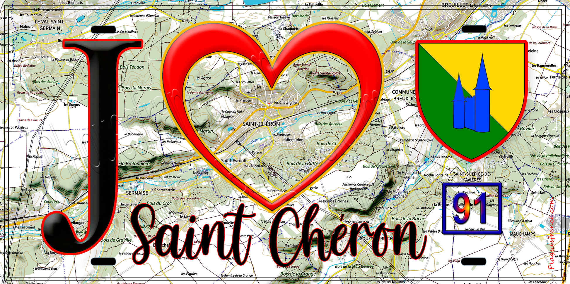 Plaque métal décorative  J' ❤️Saint-Chéron, Essonne (91) fond carte