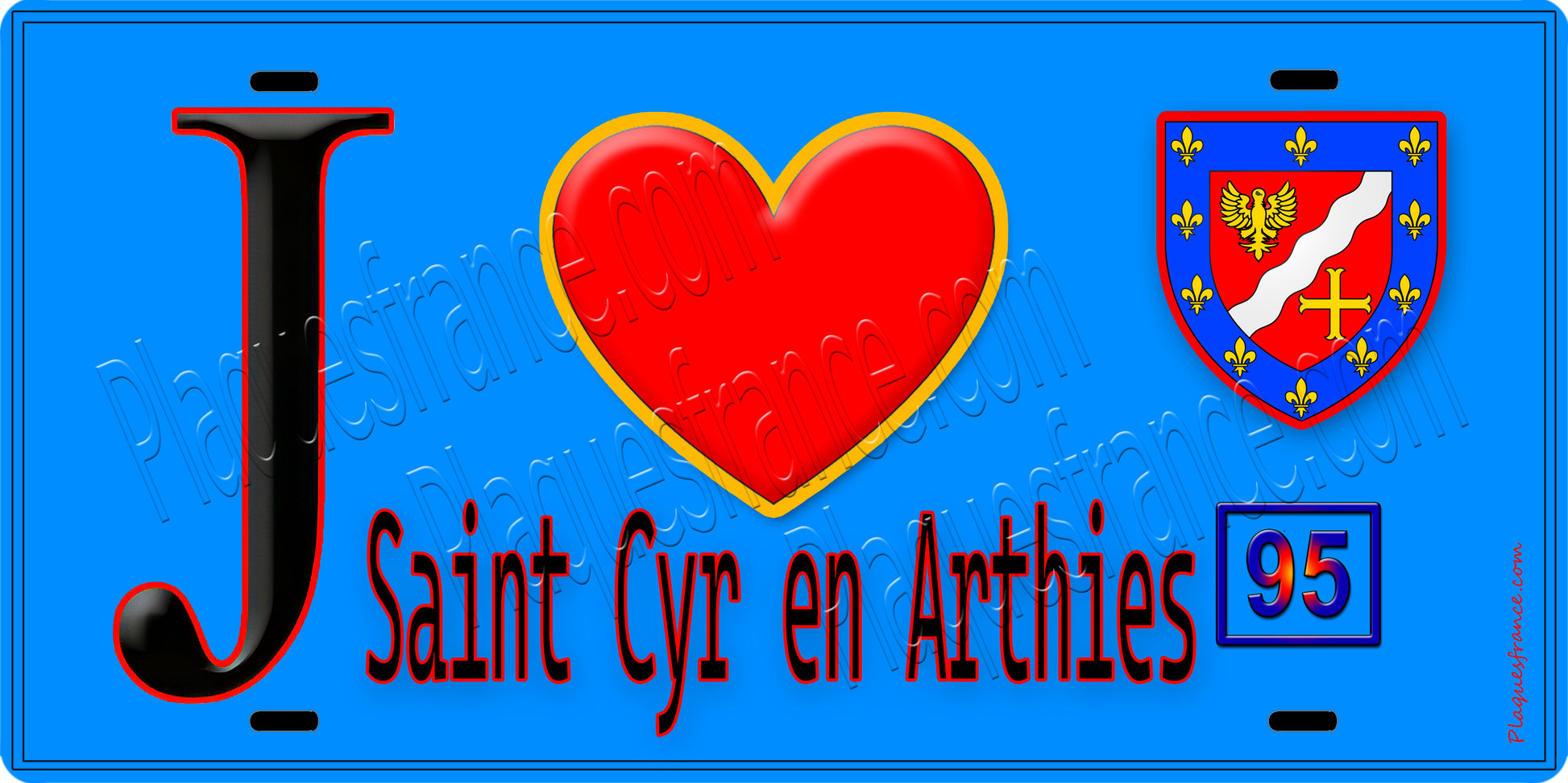 Plaque métal décorative  J' ❤️Saint-Cyr-en-Arthies, Val d'Oise (95) fond bleu
