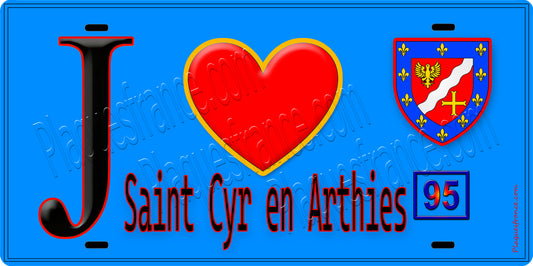 Plaque métal décorative  J' ❤️Saint-Cyr-en-Arthies, Val d'Oise (95) fond bleu
