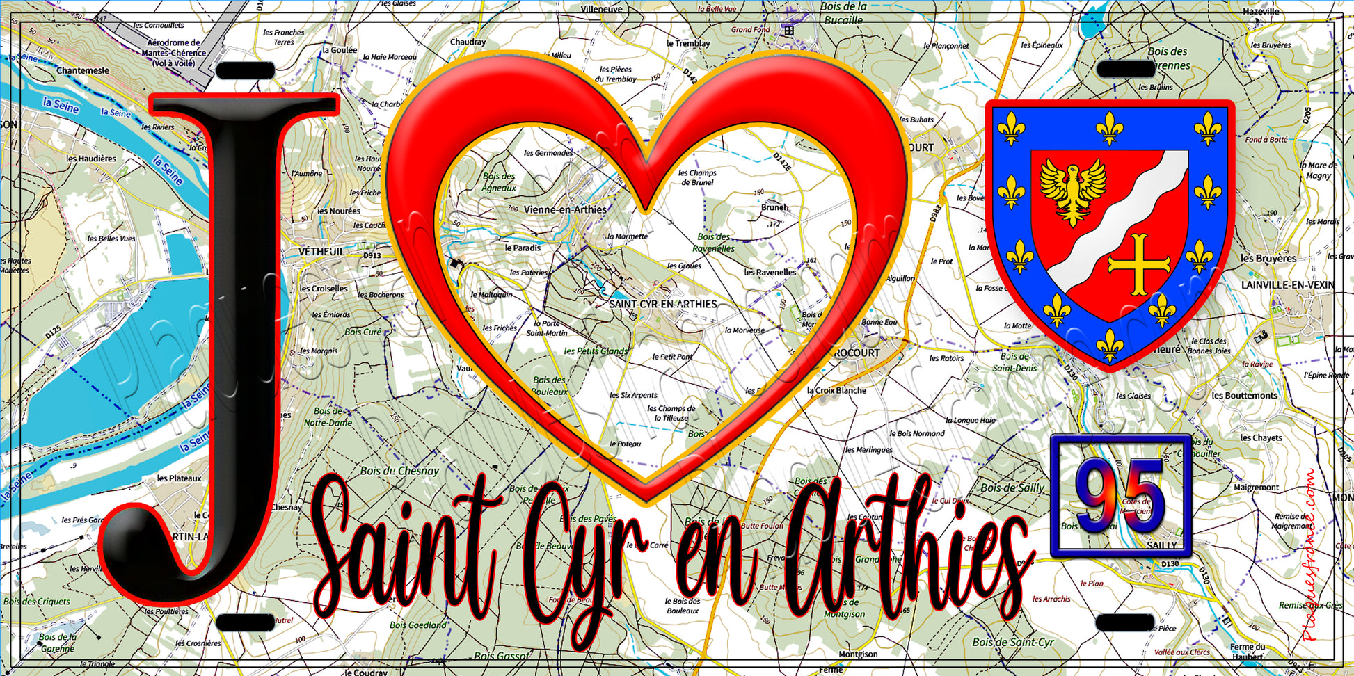 Plaque métal décorative  J' ❤️Saint-Cyr-en-Arthies, Val d'Oise (95) fond carte