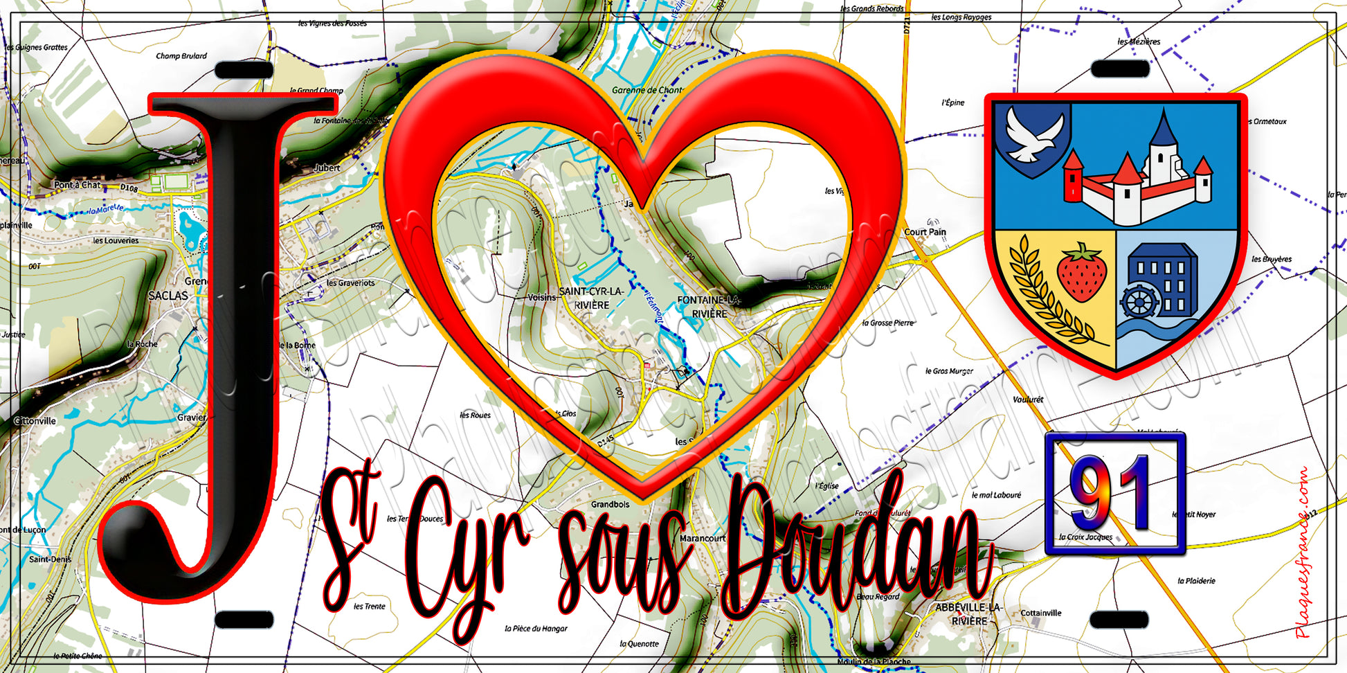 Plaque métal décorative  J' ❤️Saint-Cyr-sous-Dourdan, Essonne (91) fond carte