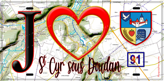 Plaque métal décorative  J' ❤️Saint-Cyr-sous-Dourdan, Essonne (91) fond carte