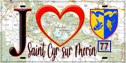 Plaque métal décorative  J' ❤️Saint-Cyr-sur-Morin, Seine et Marne (77) fond carte