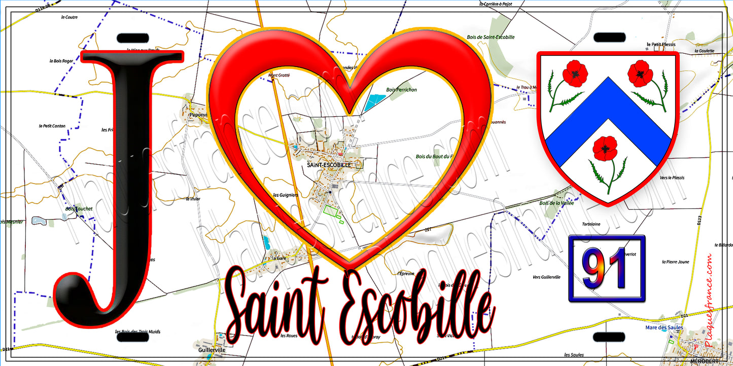 Plaque métal décorative  J' ❤️Saint-Escobille, Essonne (91) fond carte