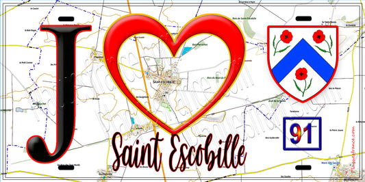 Plaque métal décorative  J' ❤️Saint-Escobille, Essonne (91) fond carte